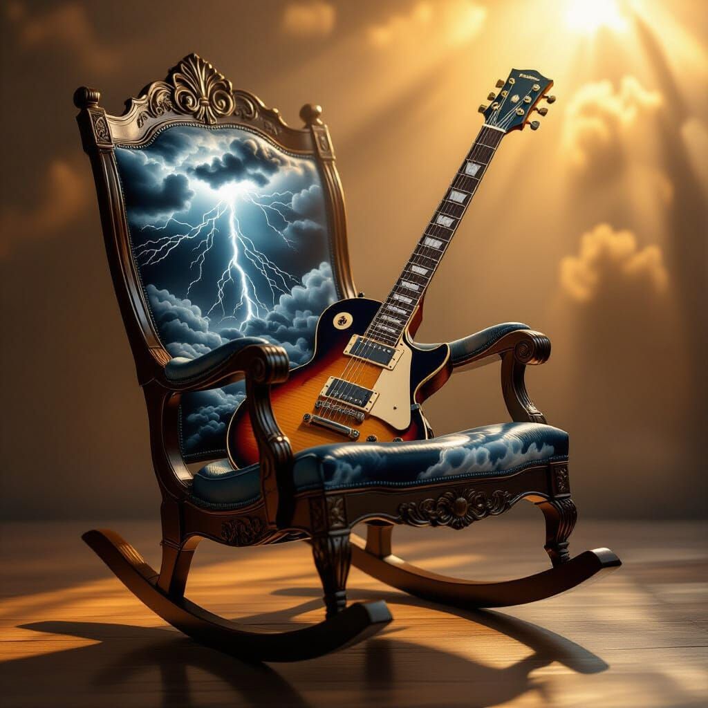 A rocking chair with a vintage rock metal guitar that has a dramatic scene of thunder and lightning with clouds.  by @Brooke