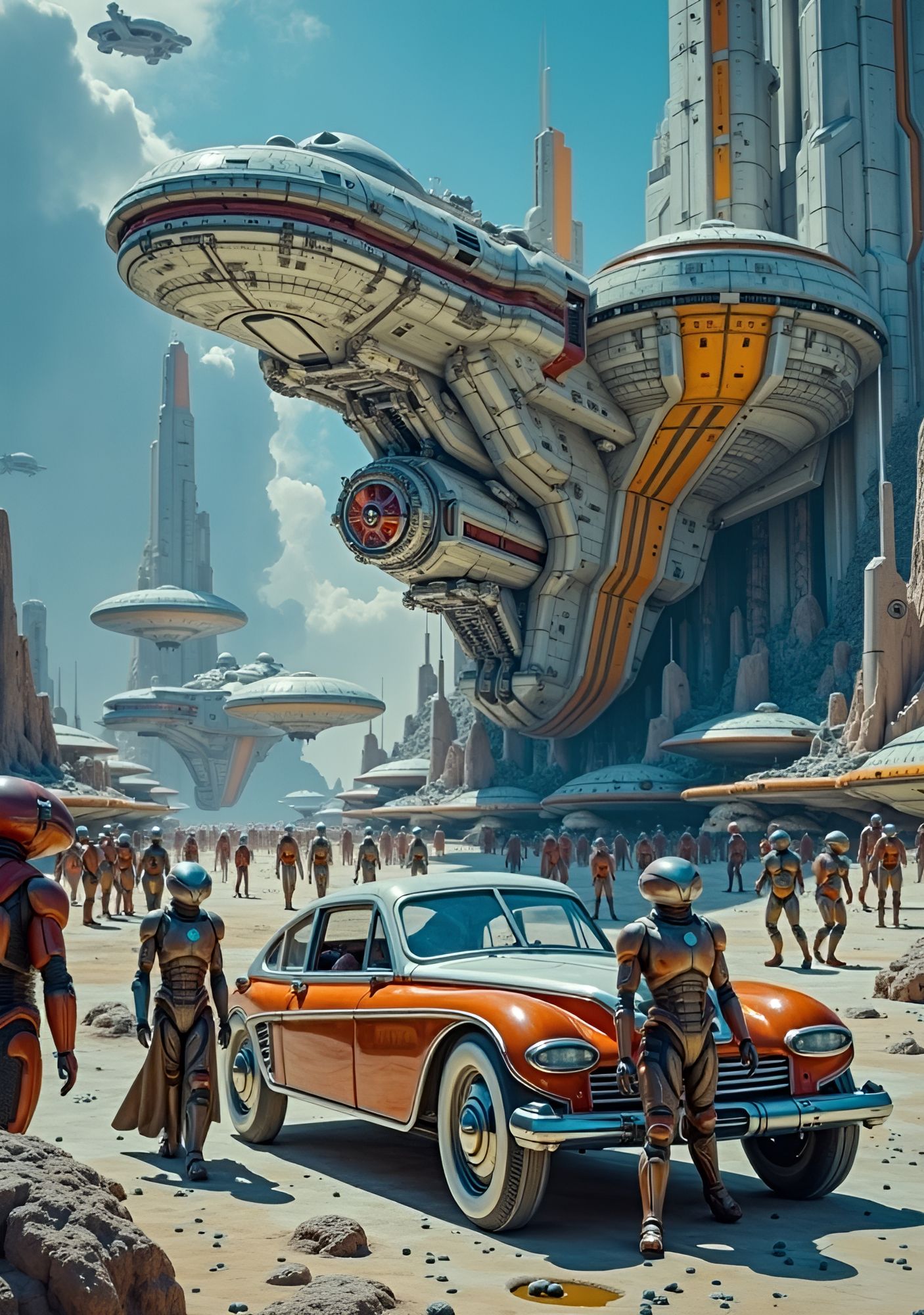 Make the scene with more contrast. And remove the person in front of the car.