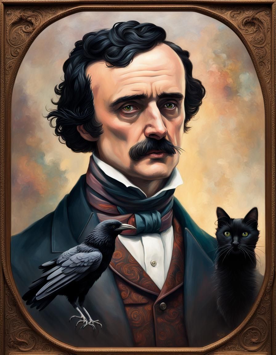 Edgar Allan Poe with Raven and Black Cat AI Generated Artwork NightCafe Creator