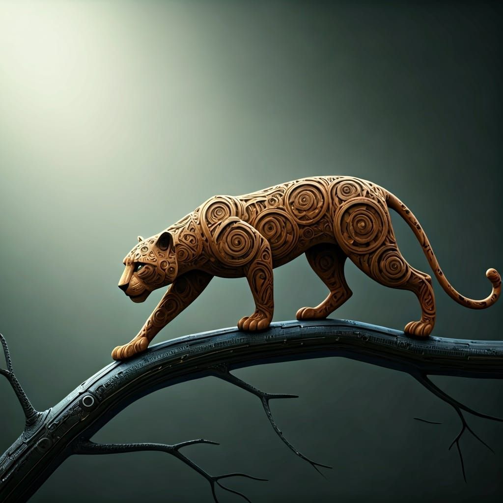 Wooden panther stalking on a metallic tree branch.  by @Helvetica_