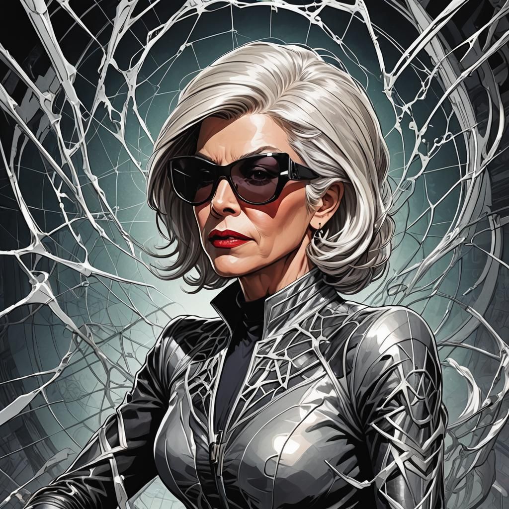 Christine Baranski as madam web with sunglasses and white ha...