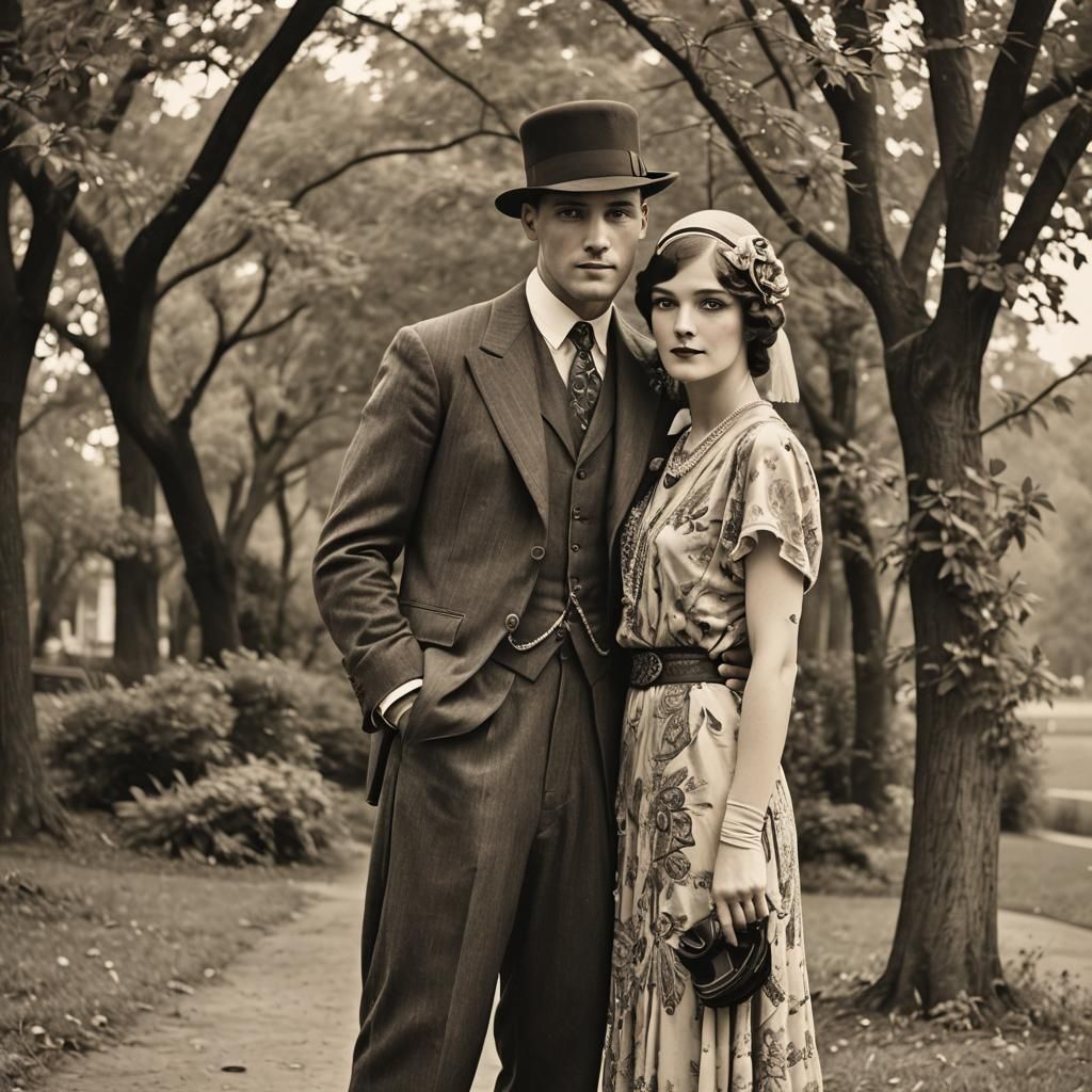 a beautiful man and a beautiful woman wearing 1920's dress