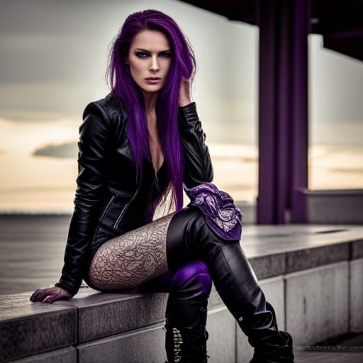Goddess with Purple Hair on Motorcycle