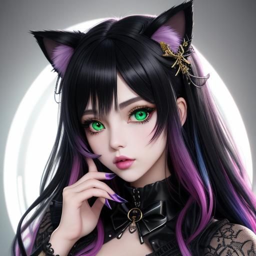 PhotoRealistic Kawaii goth female with cat ears, black and gold with hints of pink, green and purple 128k resolution, intricately detailed,...