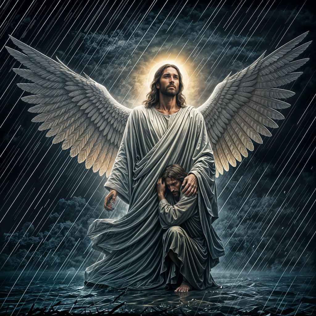 Jesus with large curved wings looking up with brave determination as a man shelters under Jesus' wings from dark storm a...