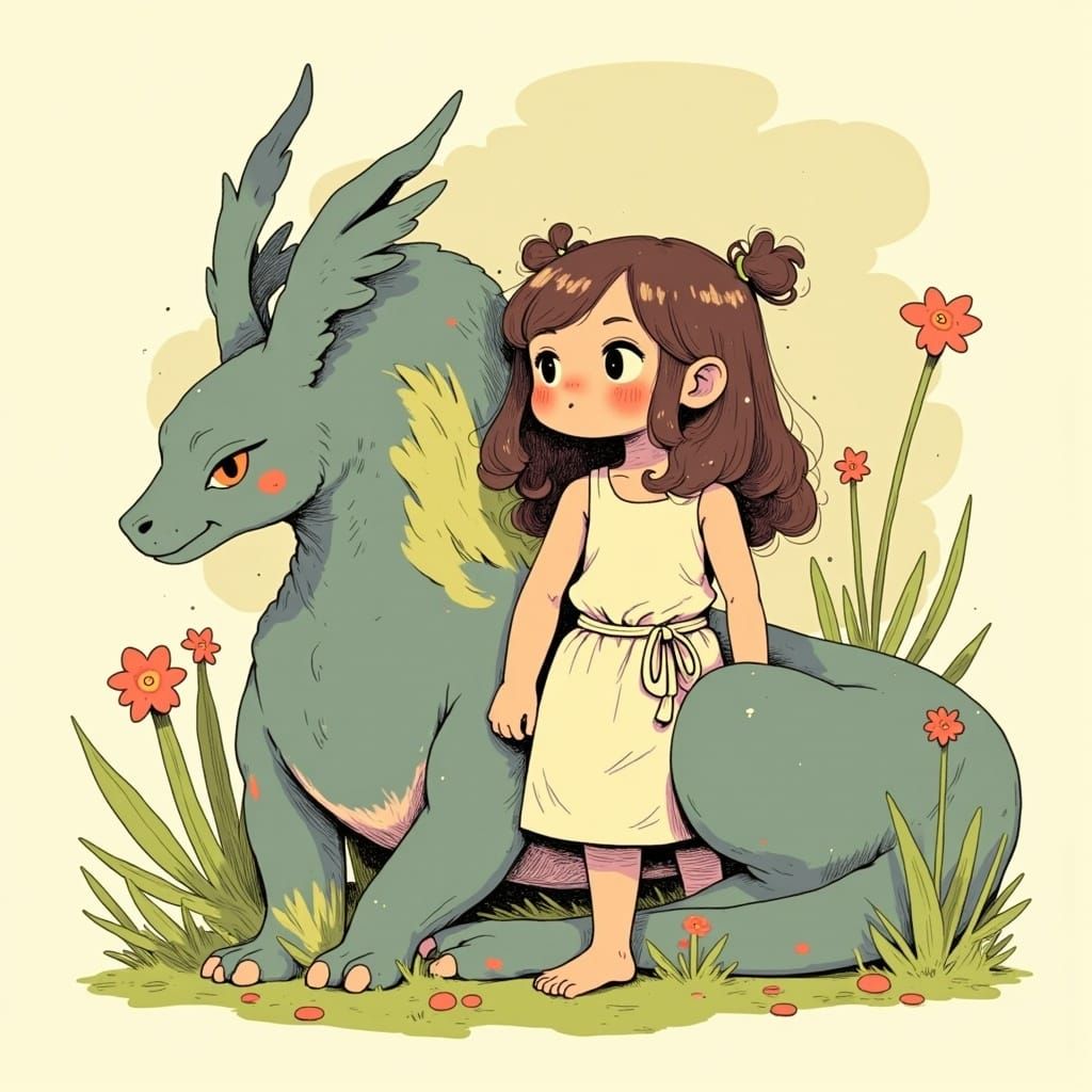  <lora:Alius:1.0> digital illustration in the style of Cosimo Galluzzi :: a girl with her pet wyvern