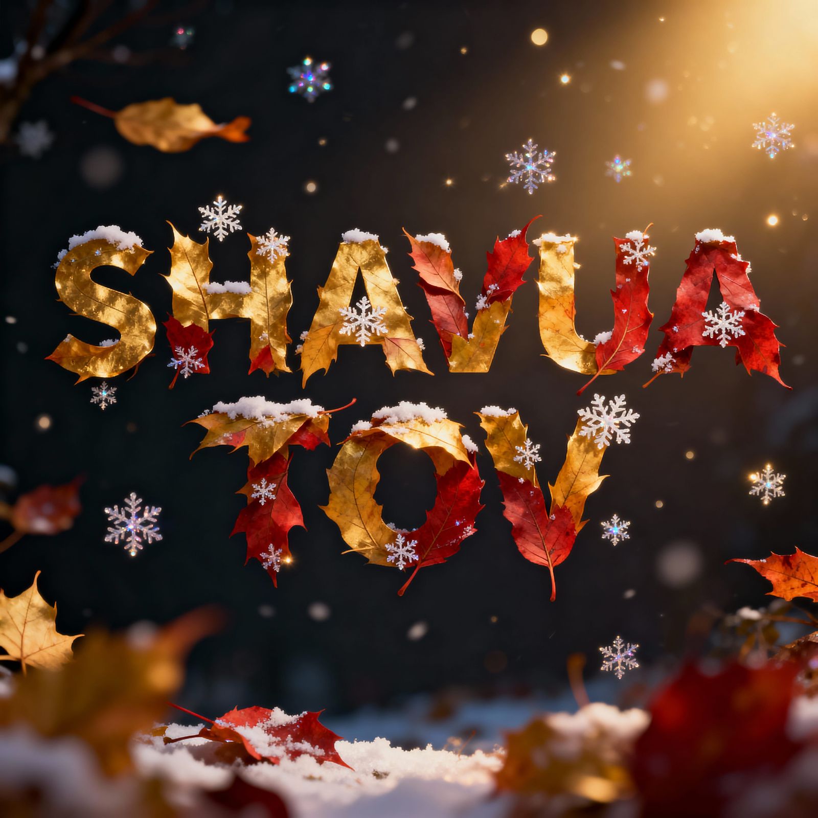 Hebrew Greeting Crafted from Autumn Leaves and Snow