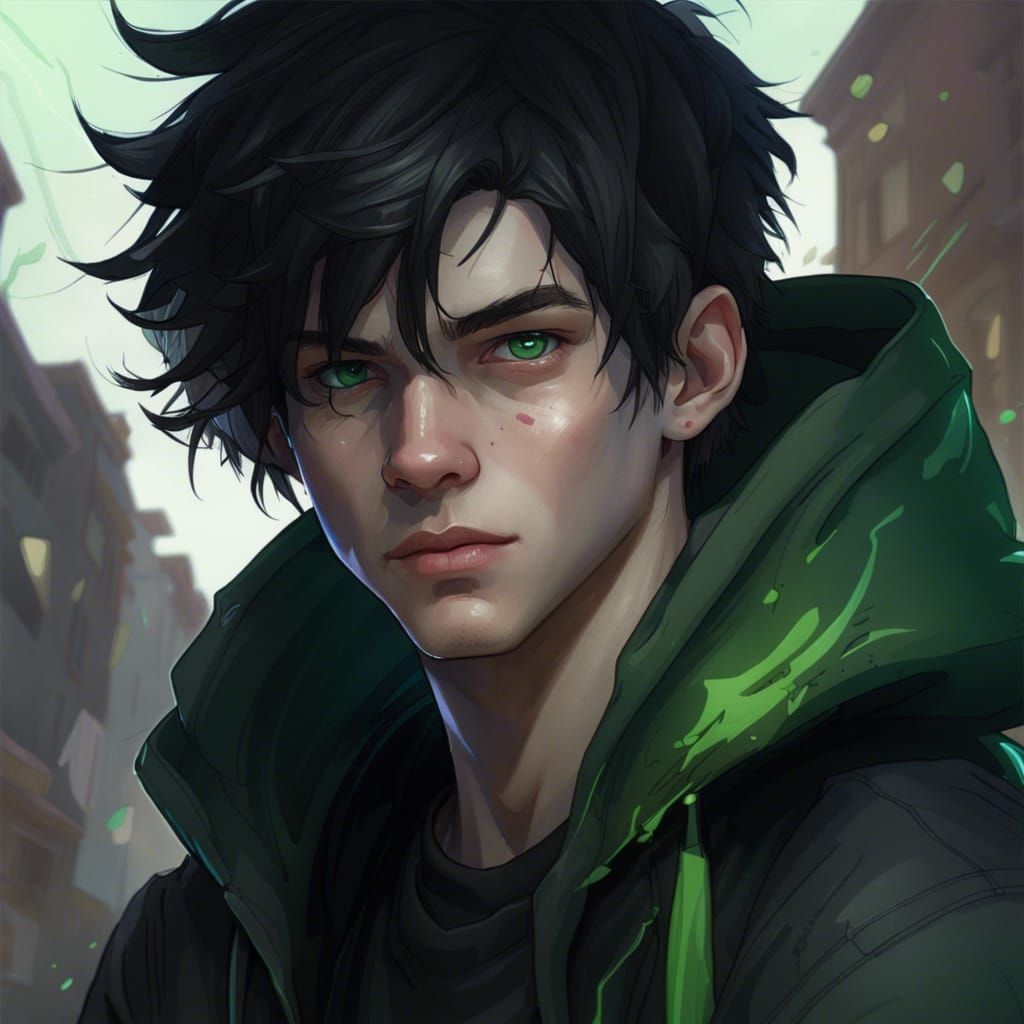 A teenage boy around 19 with pale skin, black messy hair, ho...