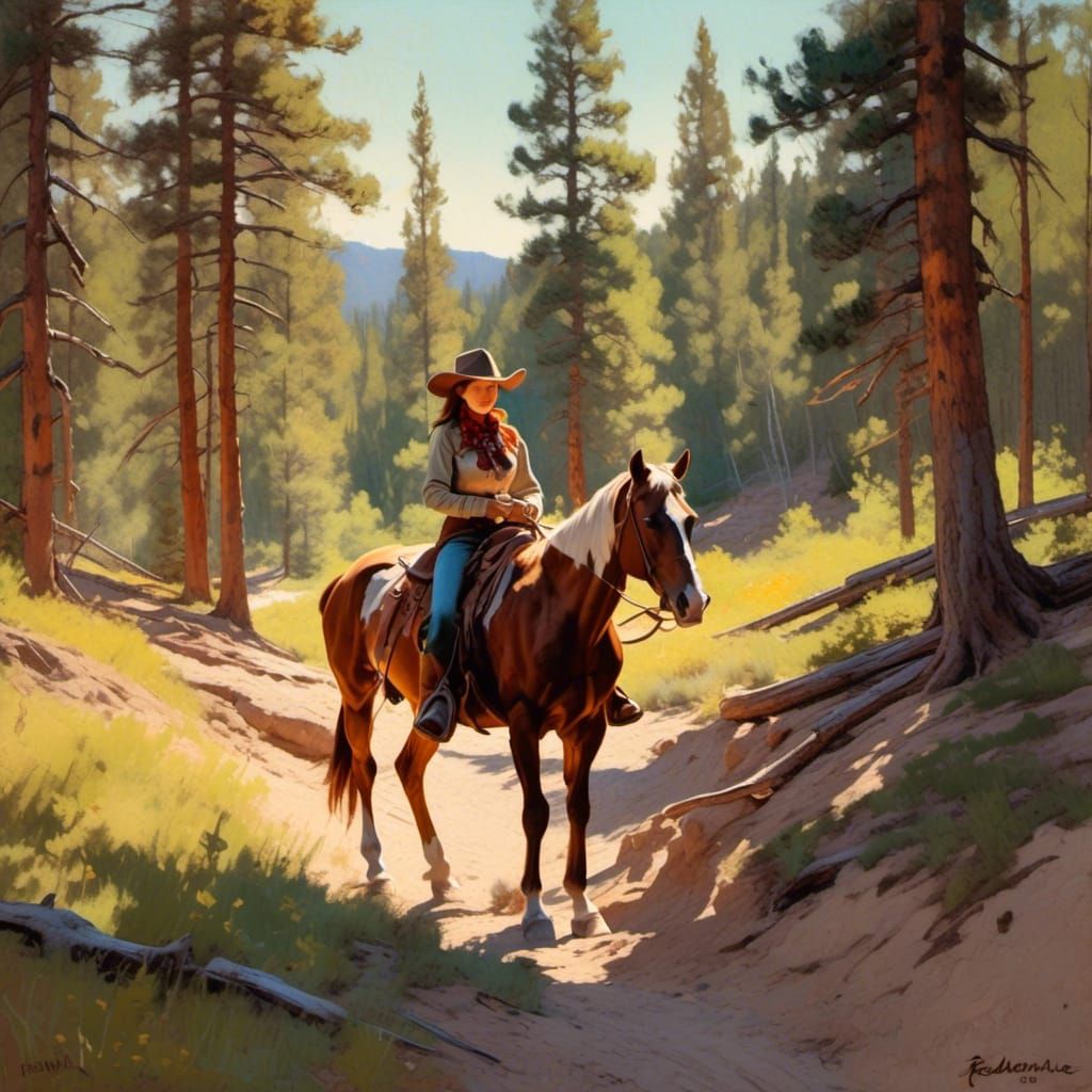 <lora:5E:1.0> Cowgirl on a paint horse on a path in woods