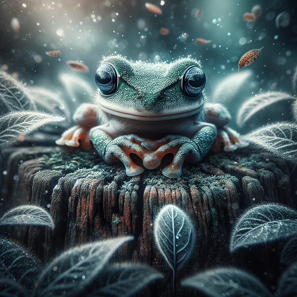 a adorably cute darter frog sitting on a tree stump