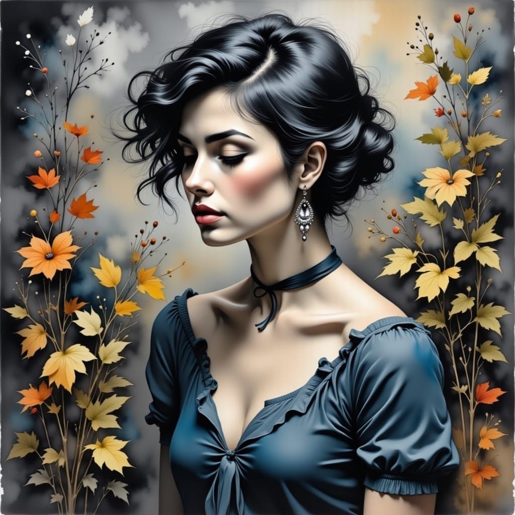 <lora:Charcoal Ink Fx:1.0>  charcoal painting of pretty modern noir female with short black hair, blue, gold, pretty pose, elegant, garden,...
