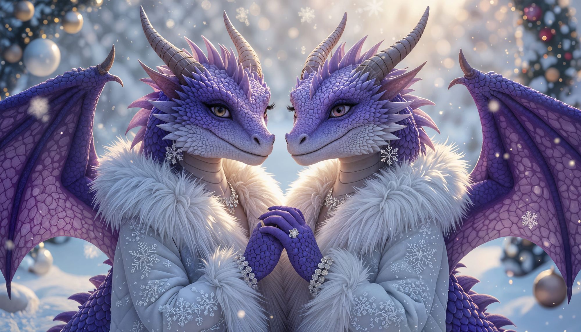 38K Resolution, Hyper Realistic Quality. Two Purple Adult Female Dragons with matching scales and wings, matching eyes and big eyelashes. th...