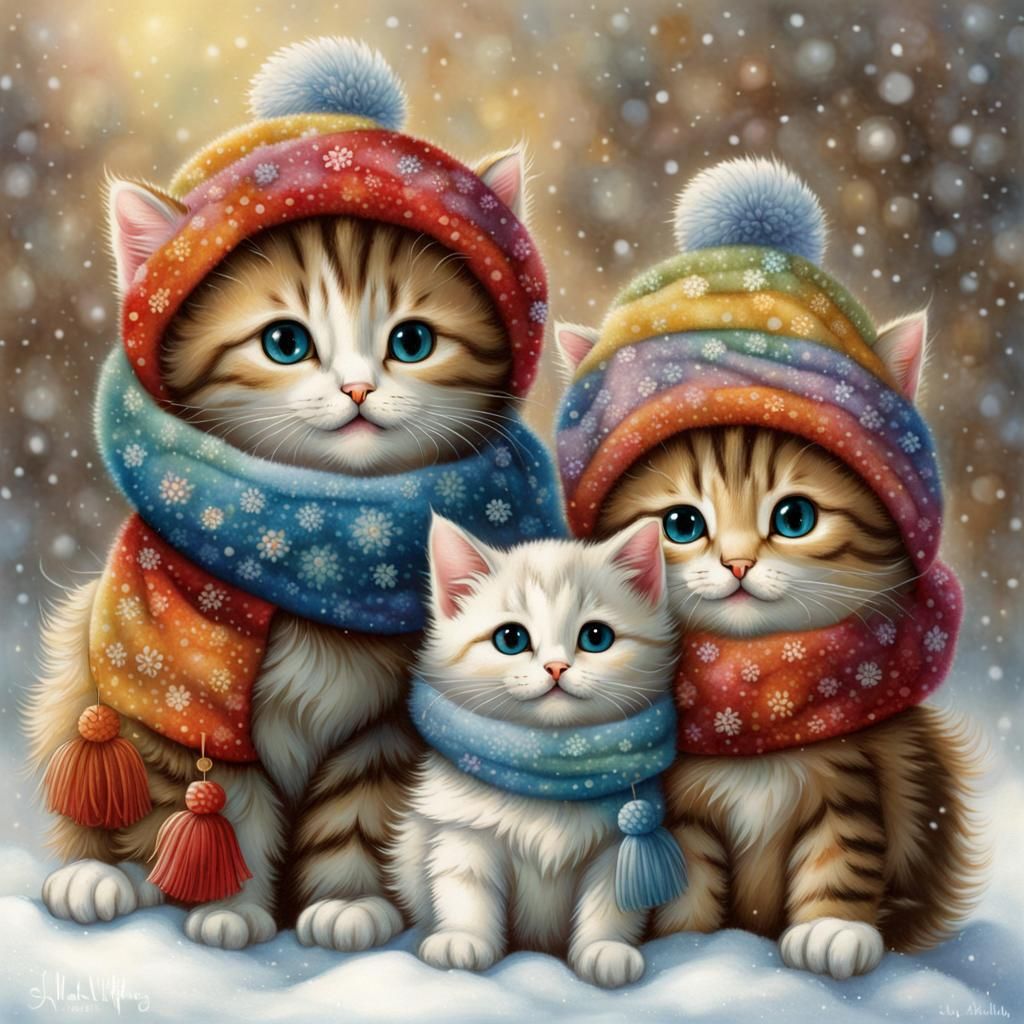 cute fluffy little Kittens with a colorful patterned scarf in winter ...