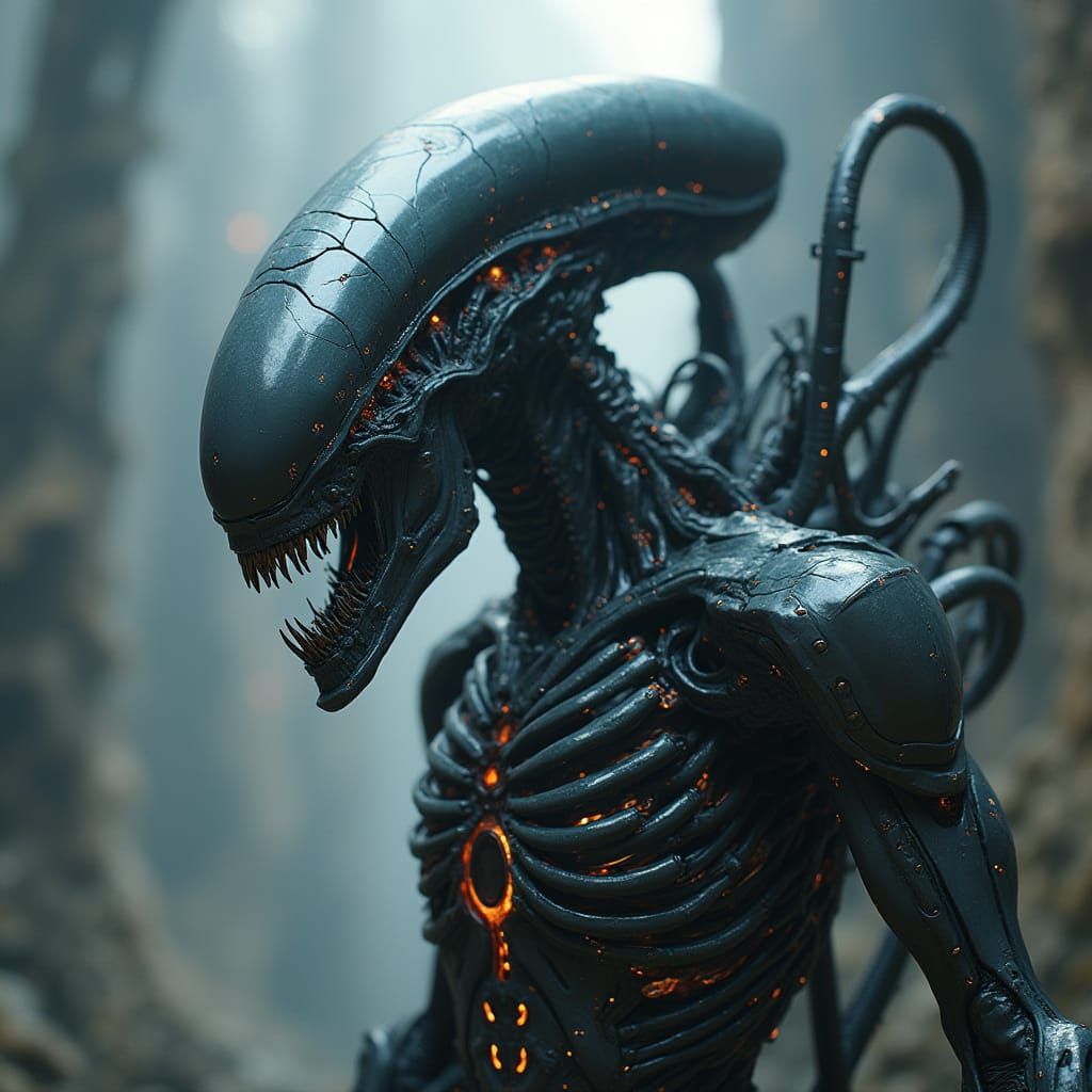 Biomechanical Xenomorph God in Cyberpunk Cathedral
