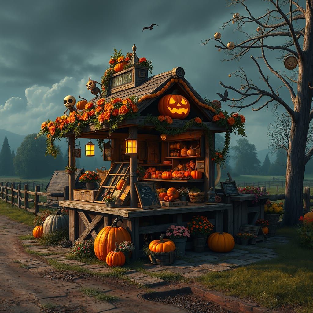 A quaint farm stand on the side of the road is fully decked out for fall, including pumpkins, fall flowers ...  by @Bly Renard 