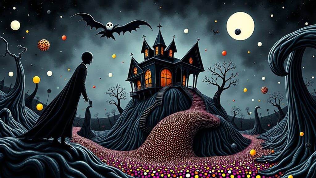 Dotted specter haunting an abandoned Victorian dollhouse, with swirling patterns emerging from shadows and electric blue spots illuminating ...