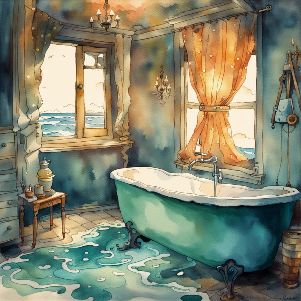 bathroom of my dreams, water color painting style.  Posuka Demizu. Sea Fantasy scene. water color art. ...  by @qu