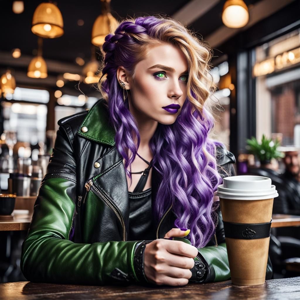 Valkyrie with Viking features, wavy golden hair that has pur...