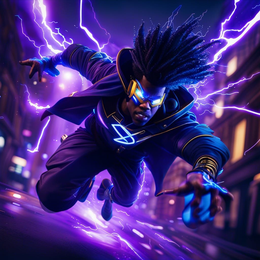 The Static Shock from DC, flying through the city at night with purple electric beams coming out of your ...  by @Bruno