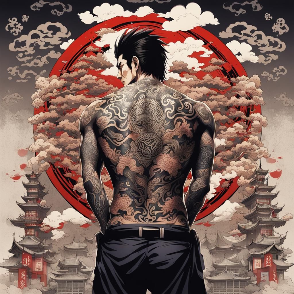Yakuza man with full back tattoo  by @LilyPad
