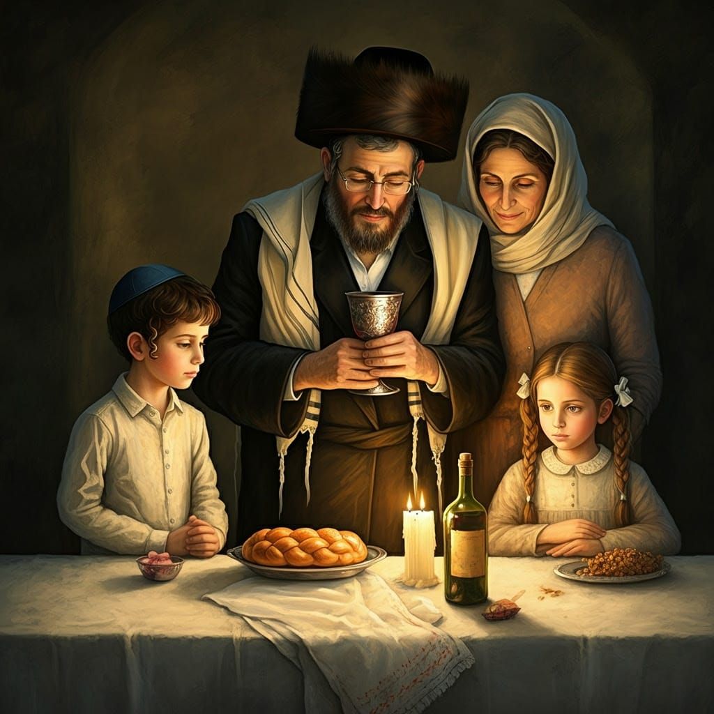 Hasidic Family Embracing Shabbat as Dreamlike Painting