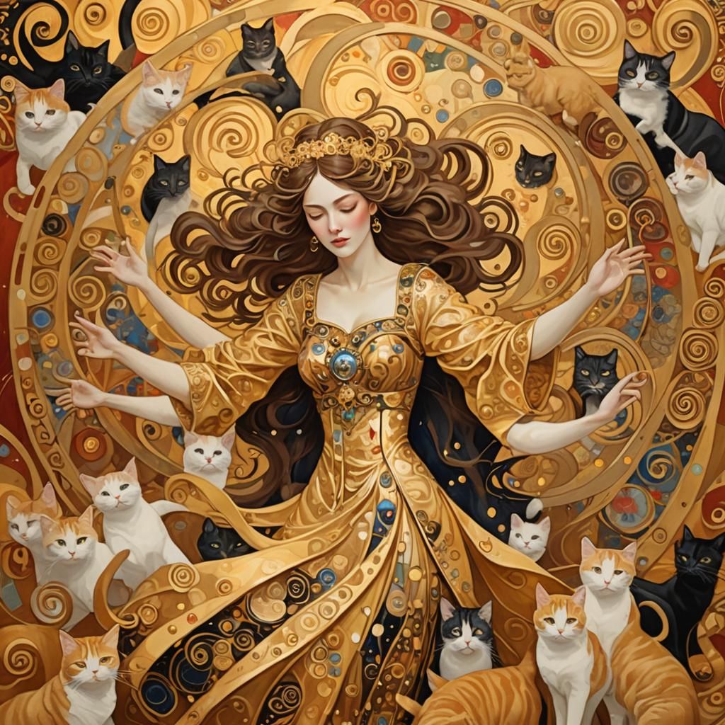 Gustav Klimt style. Medium shot. A woman wrapped in flowing ...