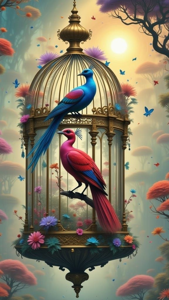 <lora:BLUEBIRD MILLENNIUM:1.0>
UKIO-E AN ANTIQUE RED PEACOOK INSIDE A FILIGREE GEORGIAN-STYLE CAGE, COLOURFUL-FLOWERED CREATION, 
3D FRACTAL...