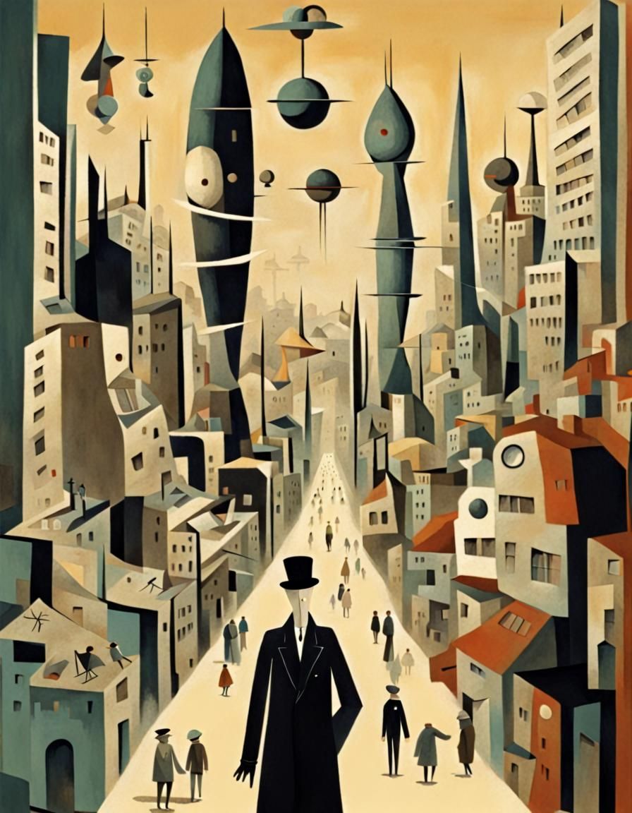 futuristic city and persons