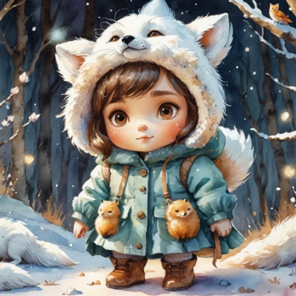 Girl on White Fox in Whimsical Watercolor Illustration