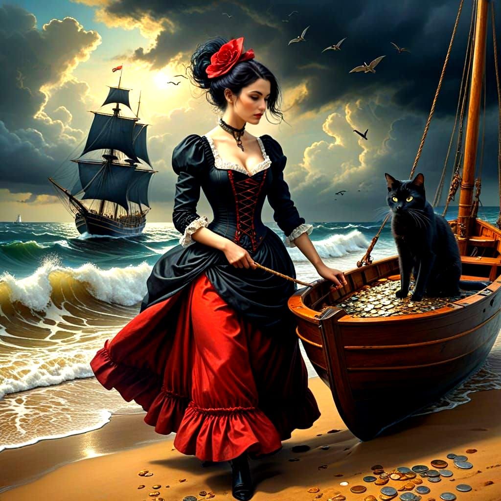 Mysterious Lady Unveils Hidden Treasure in a Stormy Seascape