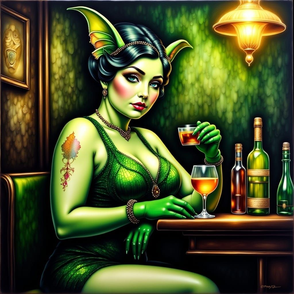 1920s fat flapper green Goblin woman in a speakeasy <lora:FullColor Flux:1.0> Alcohol ink, Oil paint, deep saturation, high contrast, fantas...