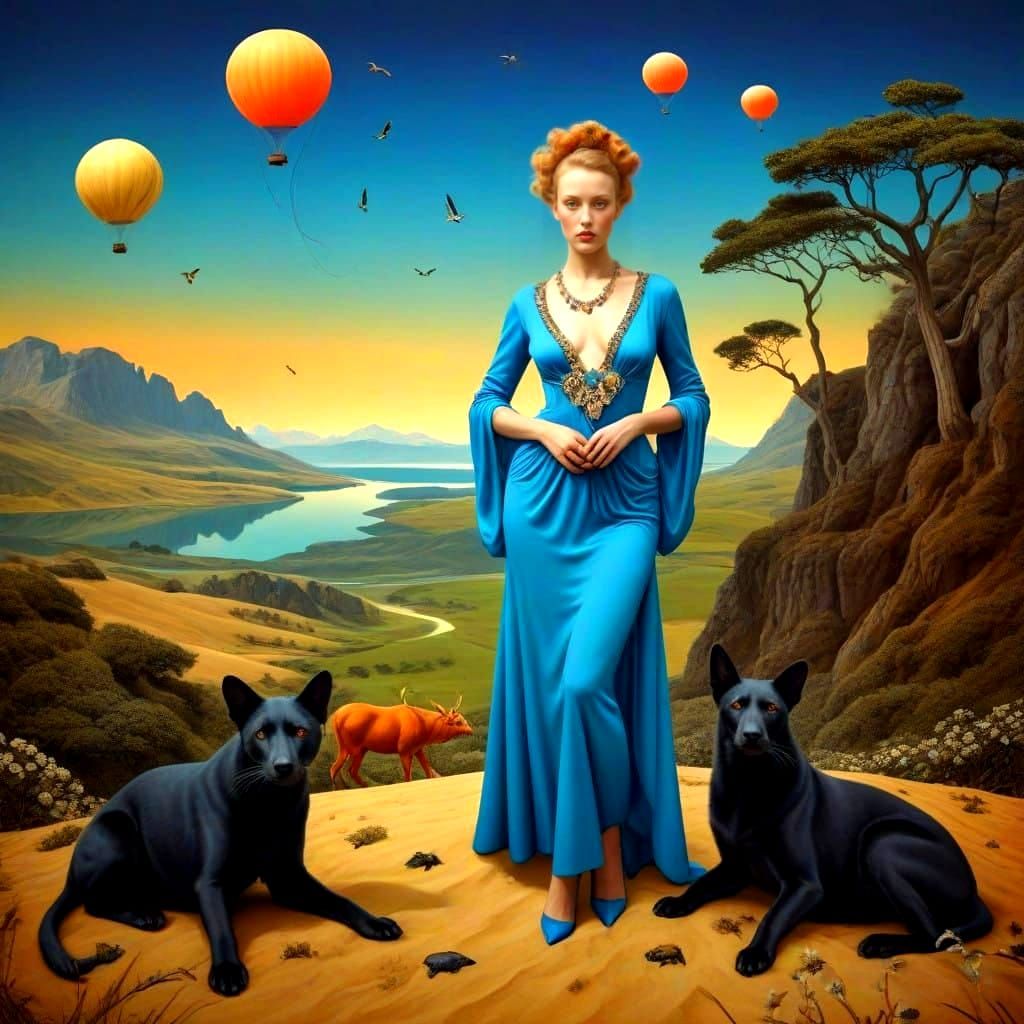 Surrealistic Lady in Vibrant Landscape with Fantastical Crea...