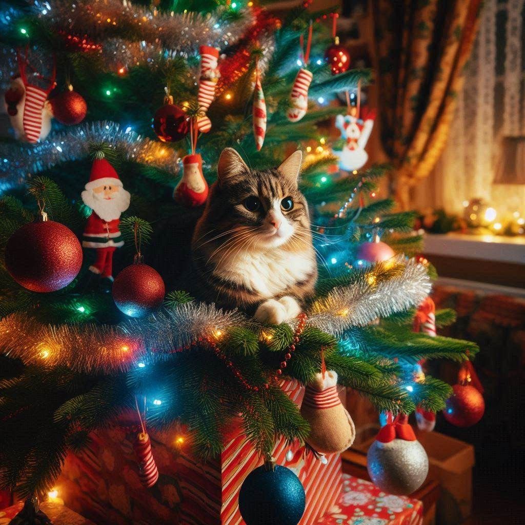 Christmas Cat in the Tree