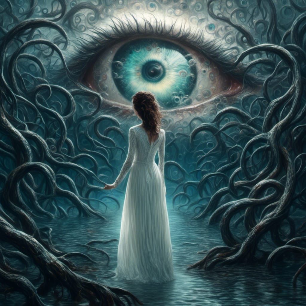 Surreal Woman Gazing at Colossal Eye