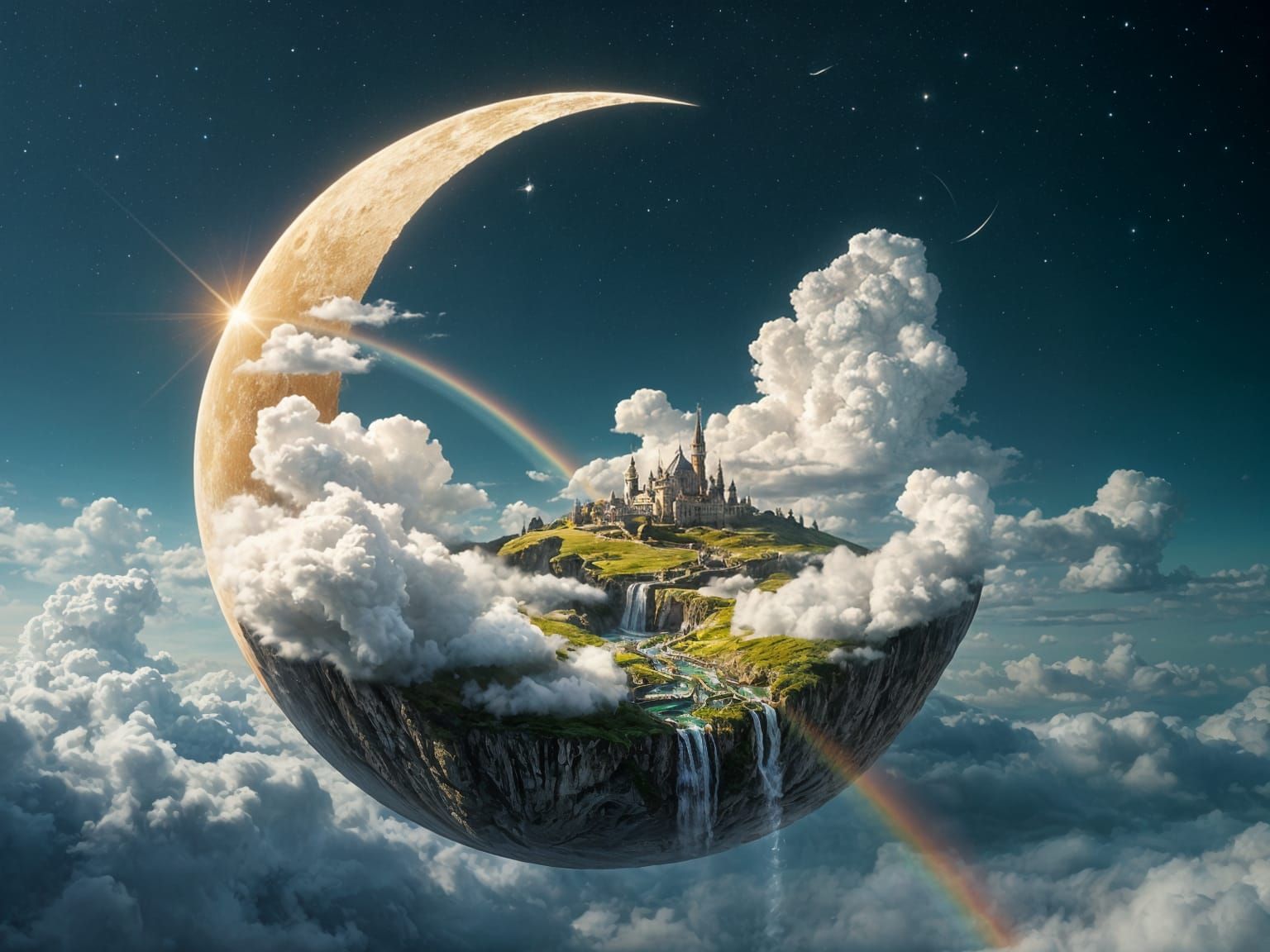 SURREALISM 5.0; Otherwordly double exposure landscape clouds_kingdom+city_made_of_fluffiest_clouds and stars built on cr...