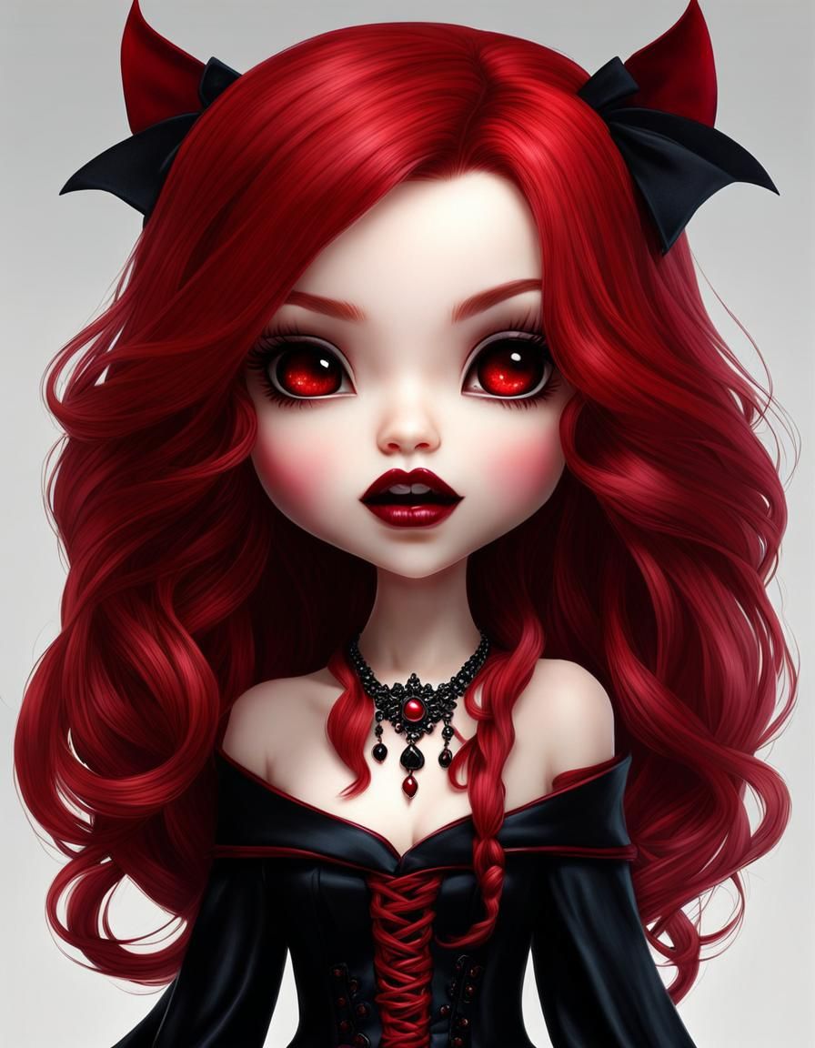 chibi vampire::fangs::long red hair::beautiful::adorable::de...