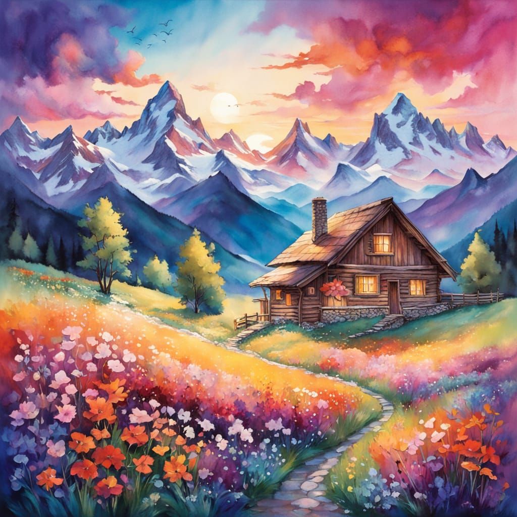 Dreamlike Swiss Alps Dawn in Expressive Watercolor