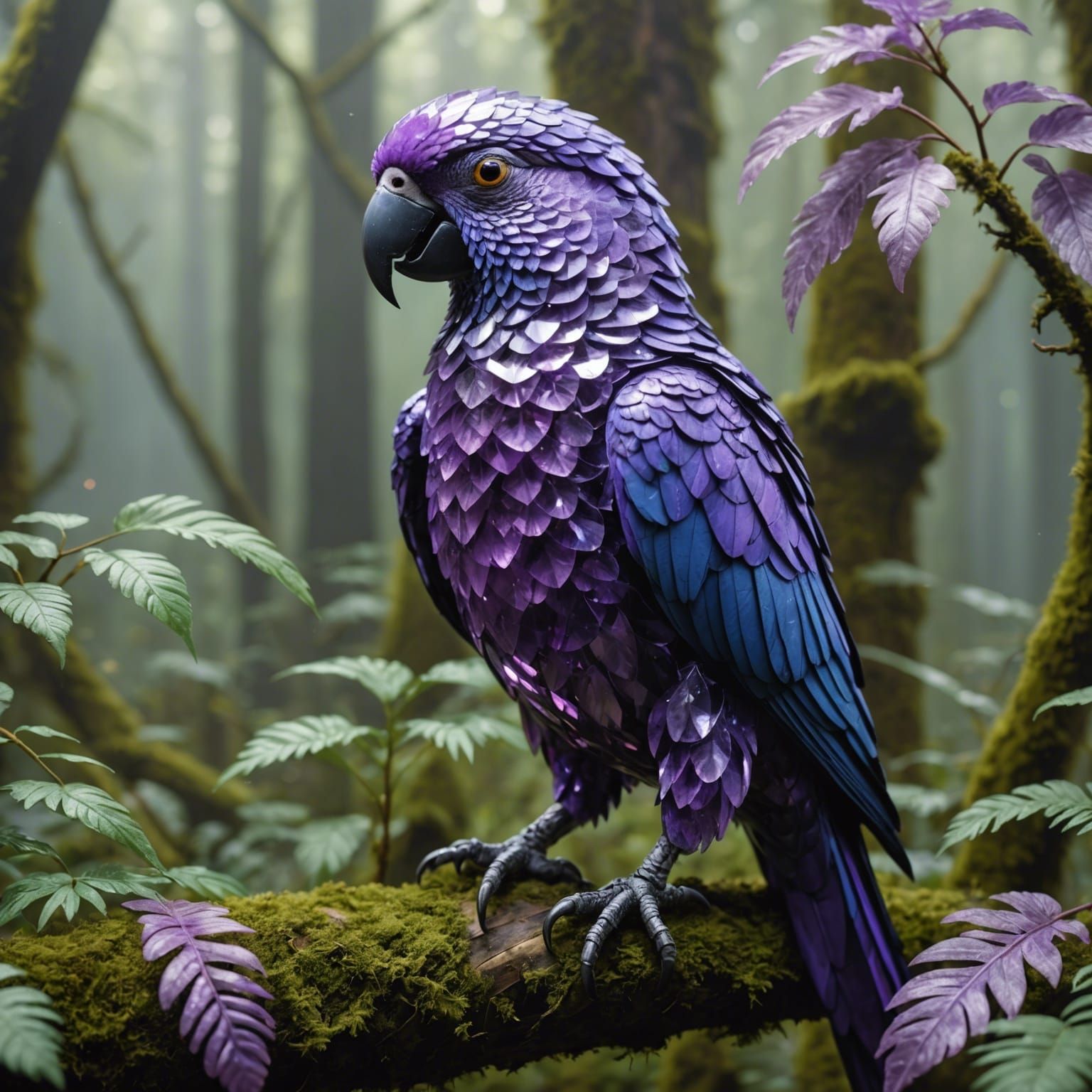 Amethyst Crystal parrot in a forest a masterpiece, ethereal ...