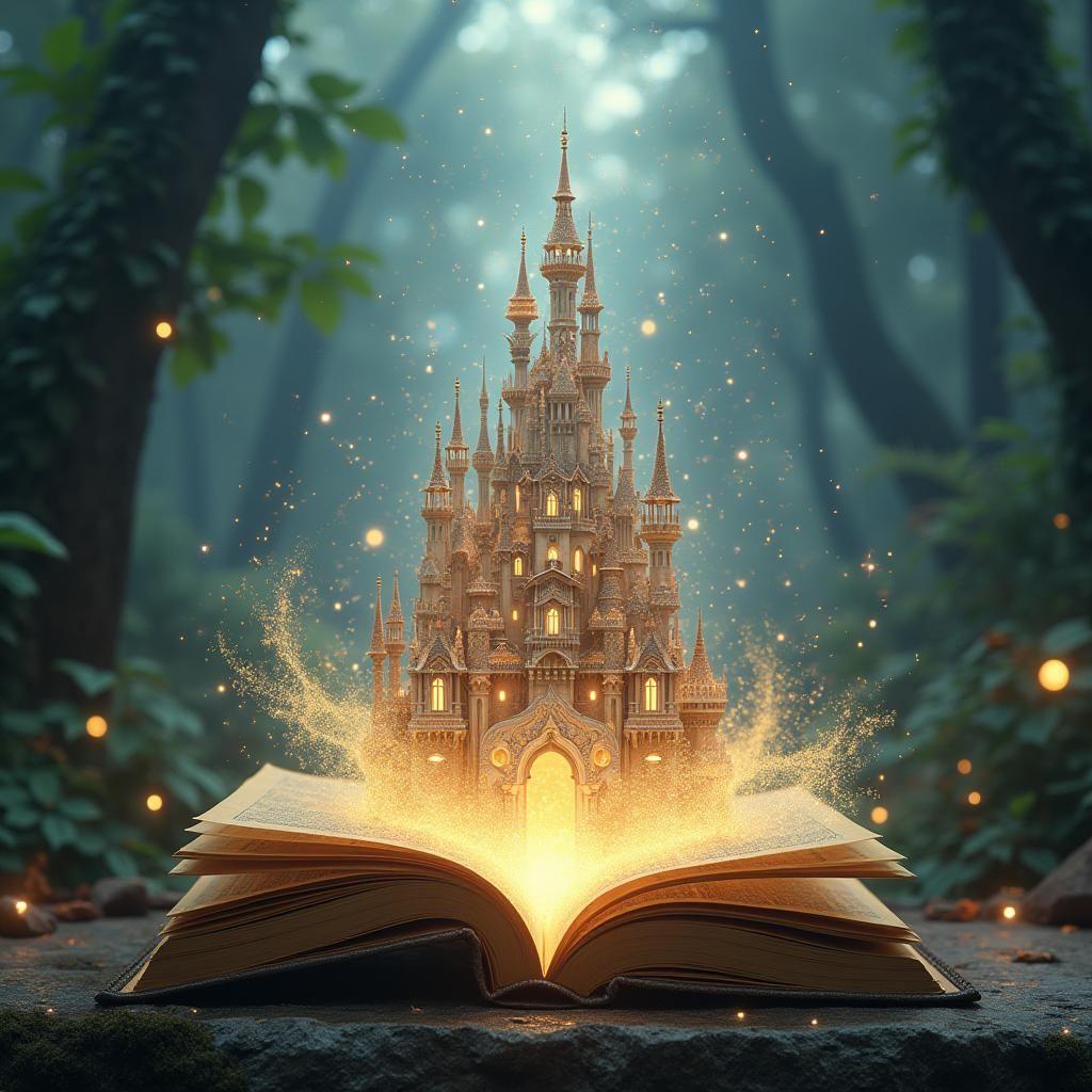Un libro di favole aperto e un castello magico si sta creando 