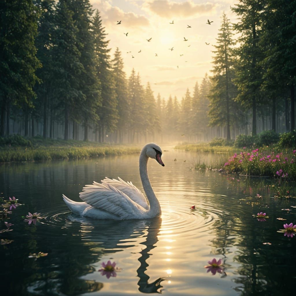 Angelic Swan Radiates Light in Forest Lake