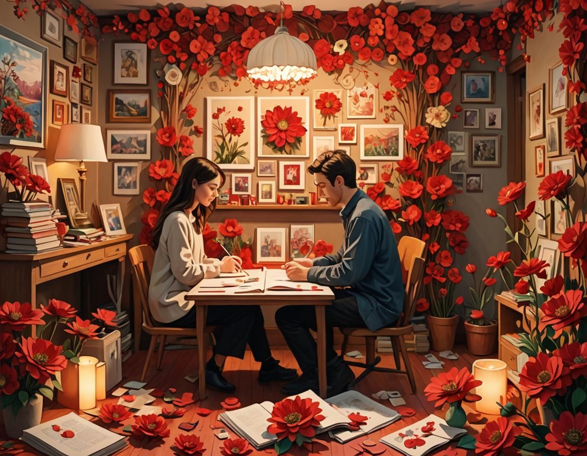 Friends in a large bedroom scrapbooking a page with red flow...