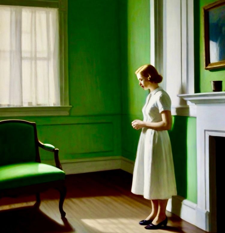 In the light, in the style of Hopper