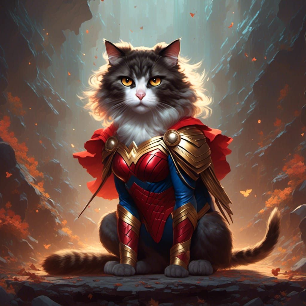 <lora:firey:1.0> a cat dressed as wonder woman, concept art,...