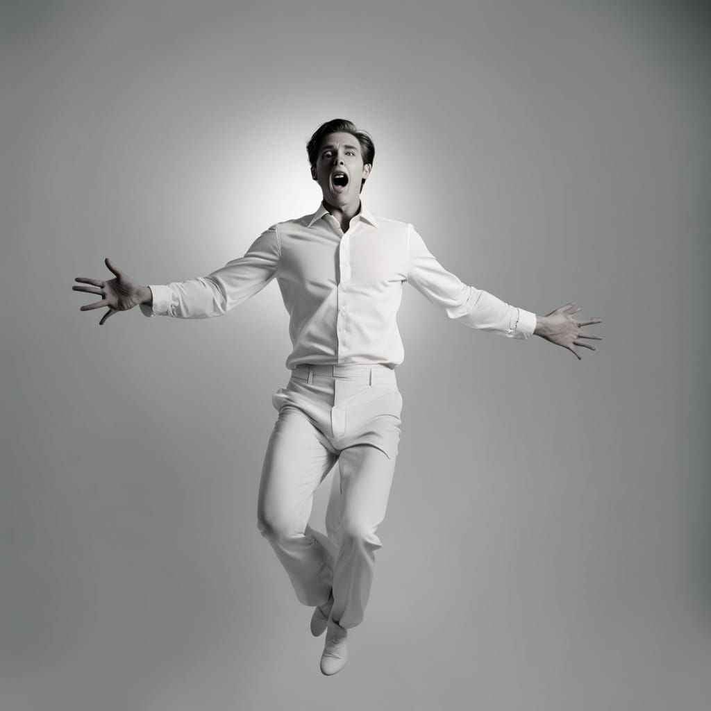 A man finds himself floating in the middle of nothing. Everything is white around him, except himself. Something invisible is tugging on his...