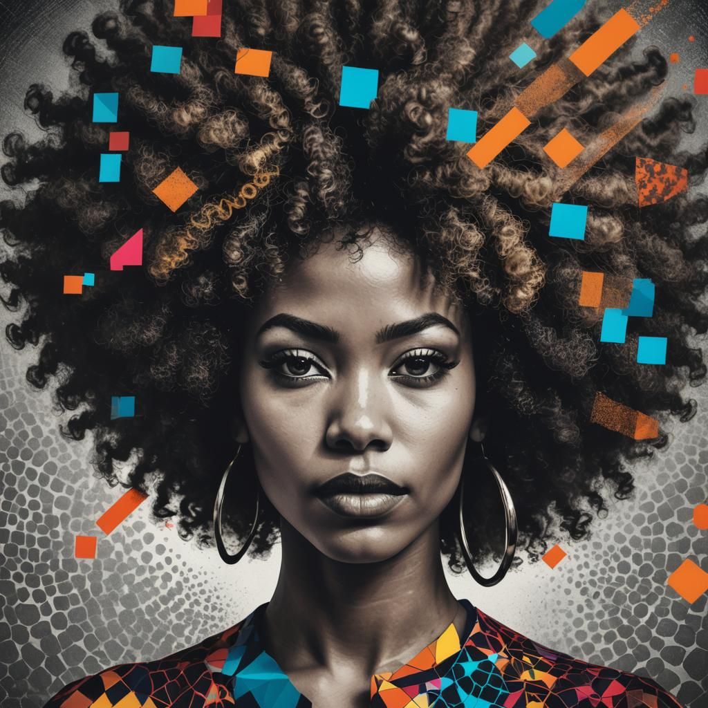 Portrait of a gorgeous woman with afro, hybrid art, duotone,...