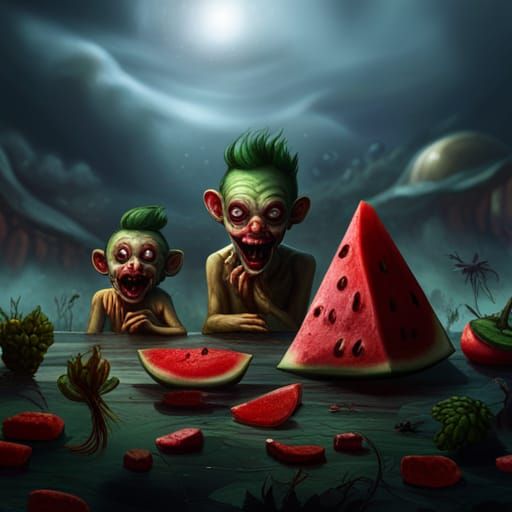 Zombie Clown Monkey Babies Eating Watermelon 