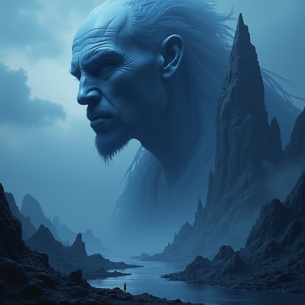 “Create a monochromatic portrait in shades of blue, capturin...