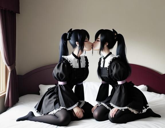 two identical twin gothic kitsunes, kissing and wearing iden...