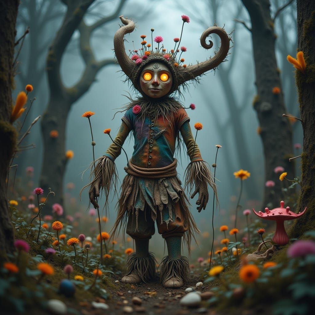 Whimsical atmosphere ▪ Enchanted forest setting ▪ Scarecrow figure with glowing eyes and a fabric head ▪ Playful composition ▪ Colorful, vib...