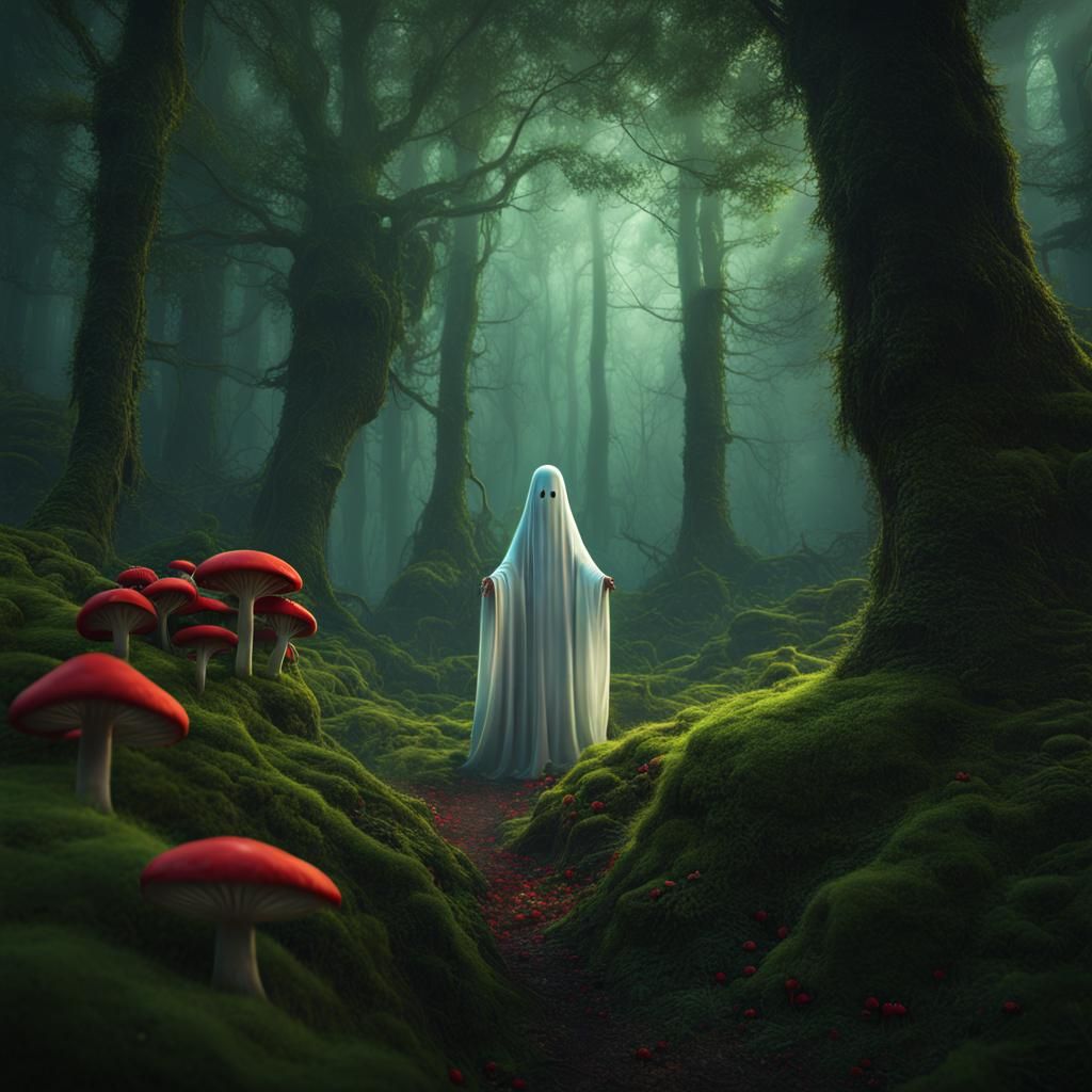 sheet ghost in a green forest with little red mushrooms